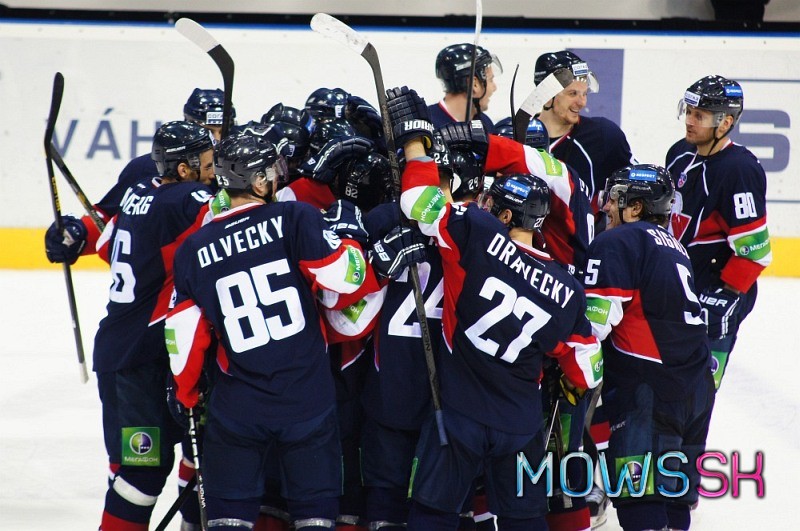 Radosť hráčov HC Slovana v zápase KHL